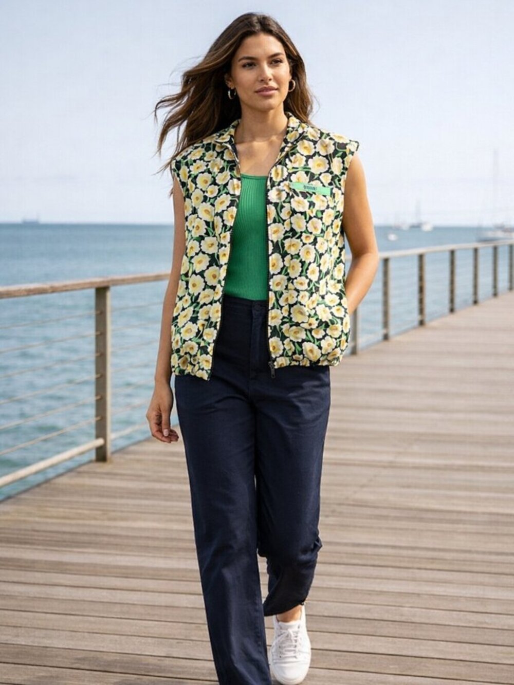 Diane Von Furstenberg Sleeveless‎ Floral Hooded Nautical Full Zip Vest Women XXS